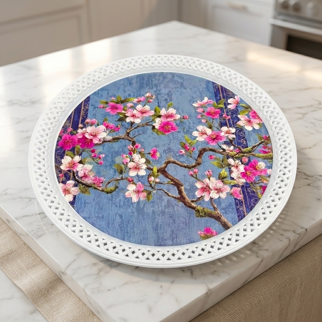 44429718.jpg 30 cm Dekoratif Çiçek Desenli Plastik Sunum Tepsisi - Servis Tepsisi - Görsel 1
