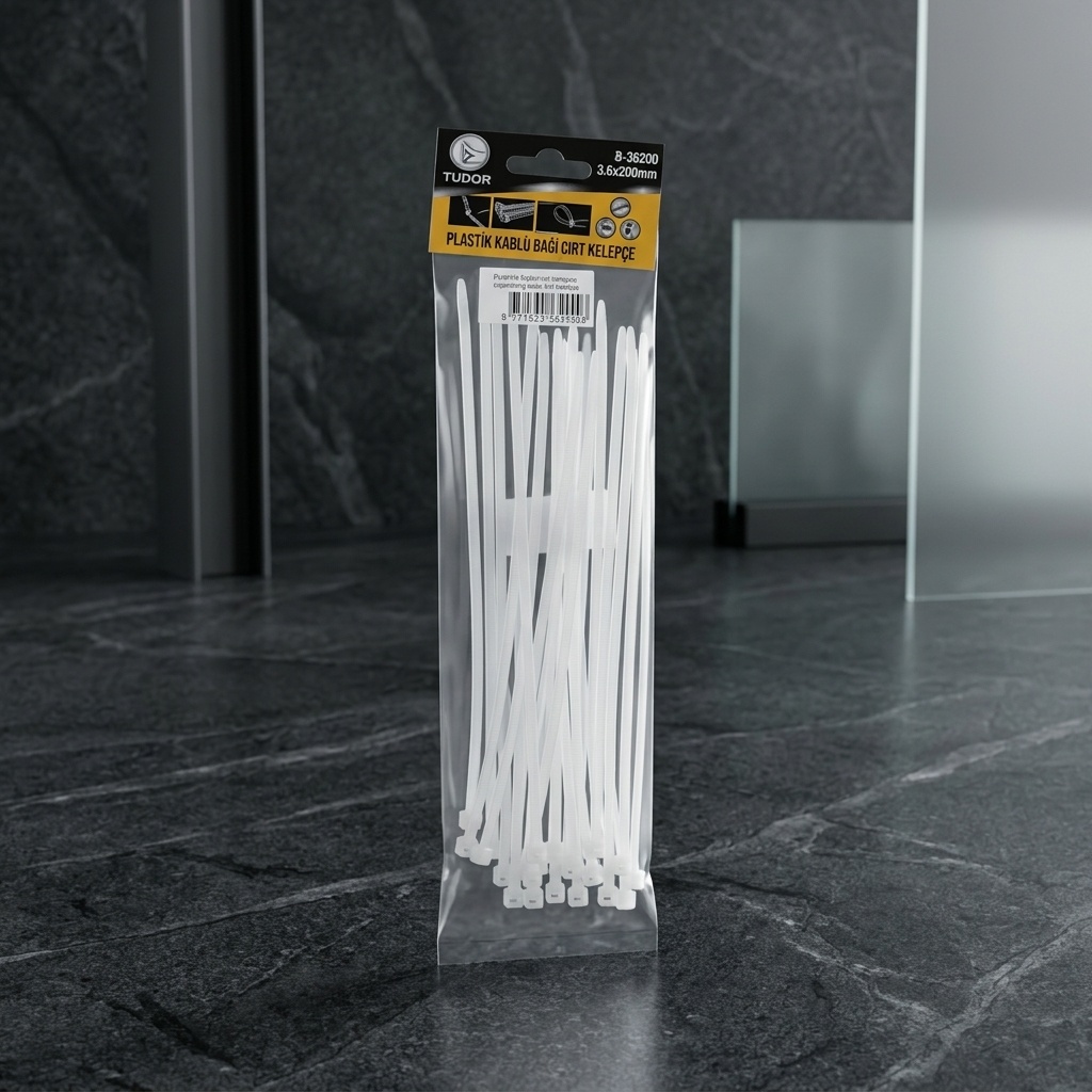 8651321651543.jpg Tudor 3.6x200 mm Plastik Kablo Bağı (Cırt Kelepçe) 25'li Beyaz - Görsel 1