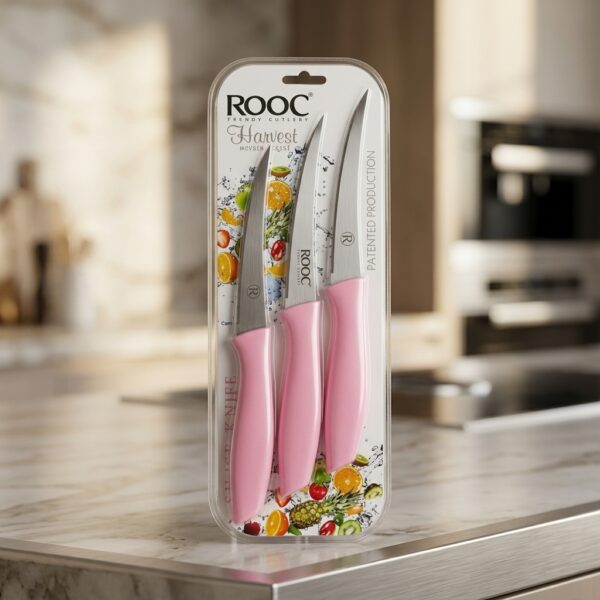 Rooc Harvest 3'lü Lazer Kesim Meyve Sebze Bıçağı Seti - Pembe