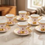 ACAR Kleodora 6 Kişilik Porselen Kahve Fincan Takımı, 90 ml, Gold Detaylı