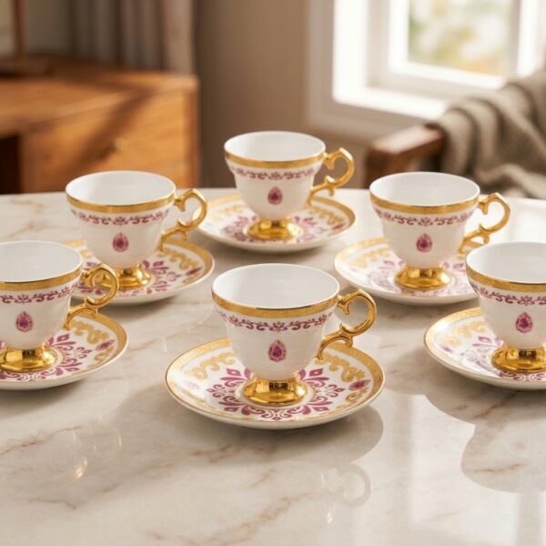 ACAR Kleodora 6 Kişilik Porselen Kahve Fincan Takımı, 90 ml, Gold Detaylı
