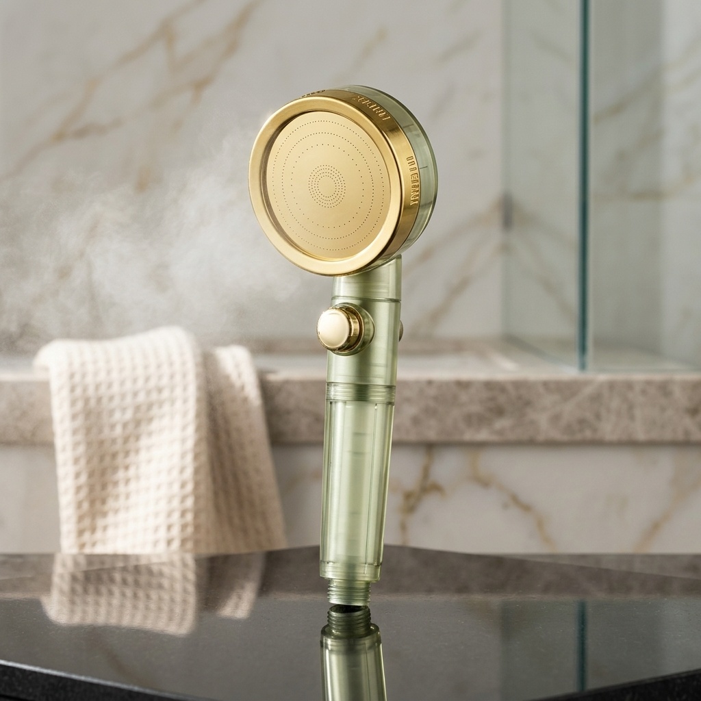 8681190443024.jpg Knitex Gold Detaylı Şeffaf Saplı Ergonomik Duş Başlığı - Görsel 1