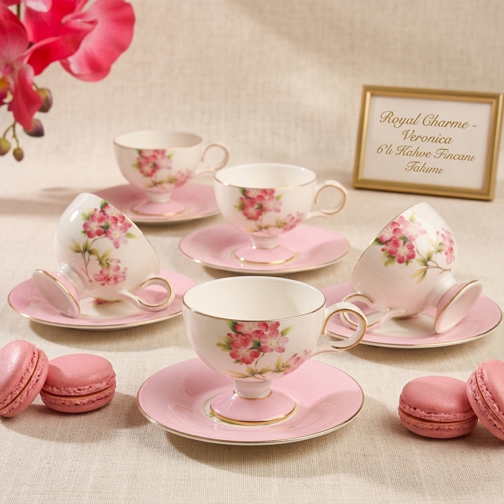 8681622060829.jpg Royal Charme Veronica 6'lı Porselen Kahve Fincanı Takımı, Çiçek Desenli - Görsel 1