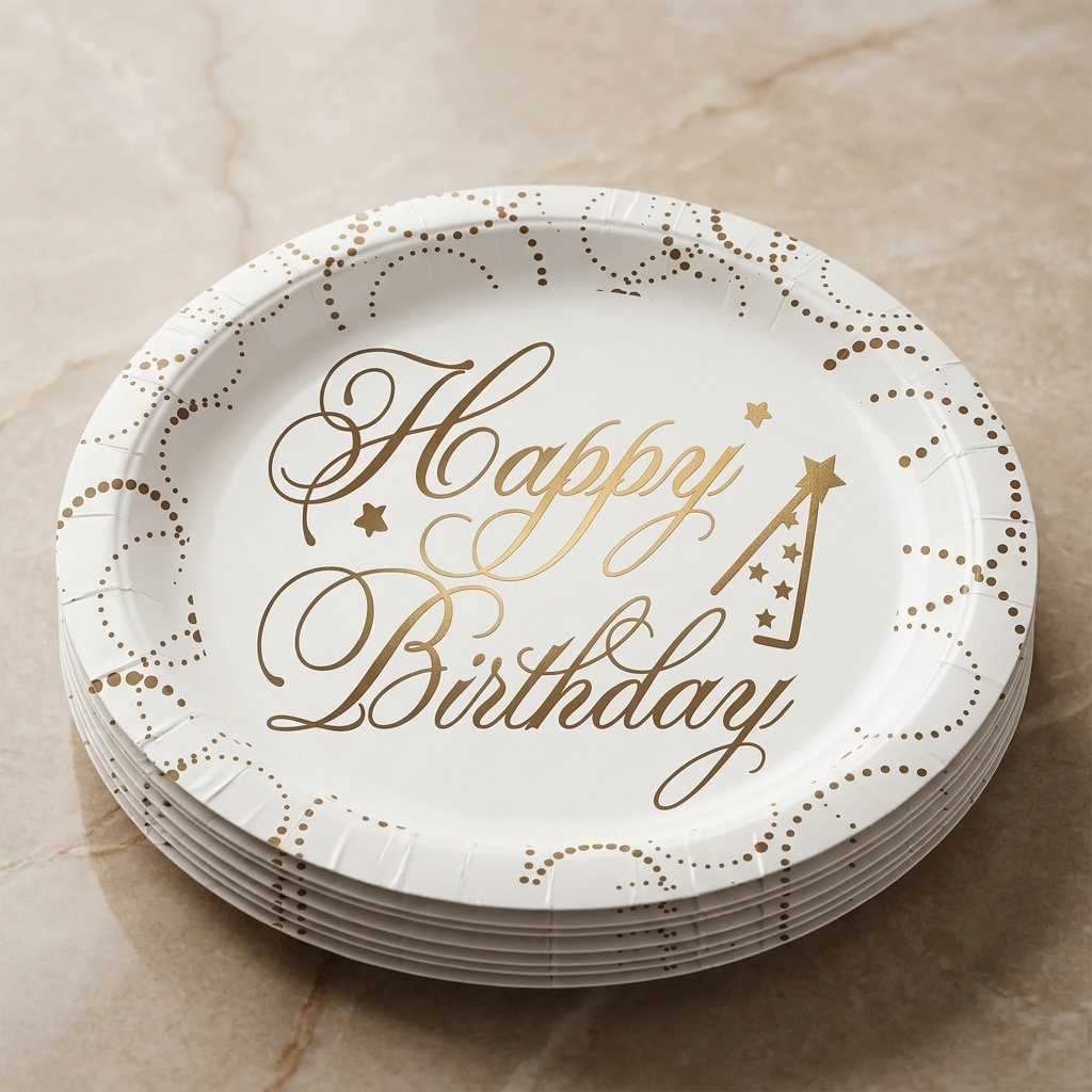 8681944312323.jpg Happy Birthday Yazılı Beyaz Noktalı Karton Tabak 23 cm 6'lı - Görsel 1