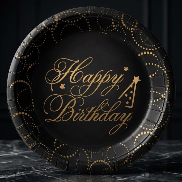 Happy Birthday Tasarımlı 23 cm Siyah Karton Tabak