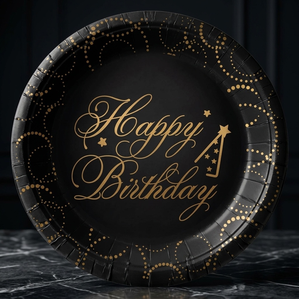 8681944312330.jpg Happy Birthday Tasarımlı 23 cm Siyah Karton Tabak - Görsel 1
