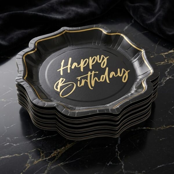 Luxury Happy Birthday Karton Tabak 23 cm 8'li Siyah-Altın