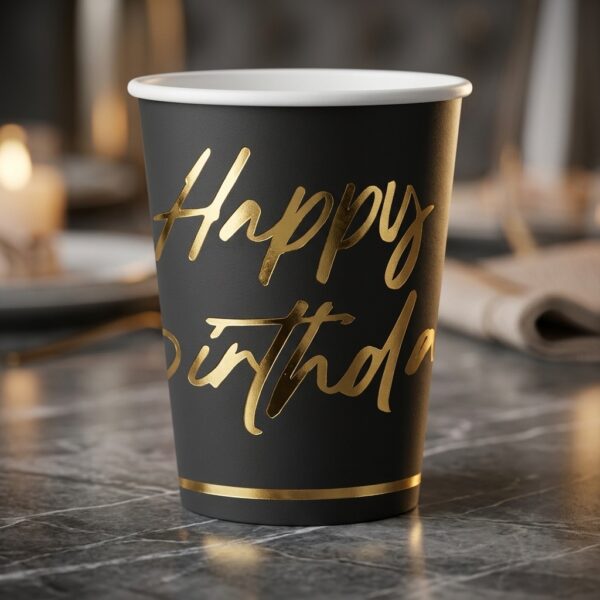 Luxury Happy Birthday Kağıt Bardak Siyah Gold 8'li Paket