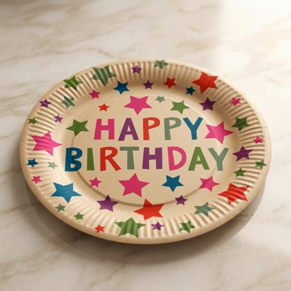 Happy Birthday Tasarımlı Renkli Yıldızlı Karton Tabak 23 cm