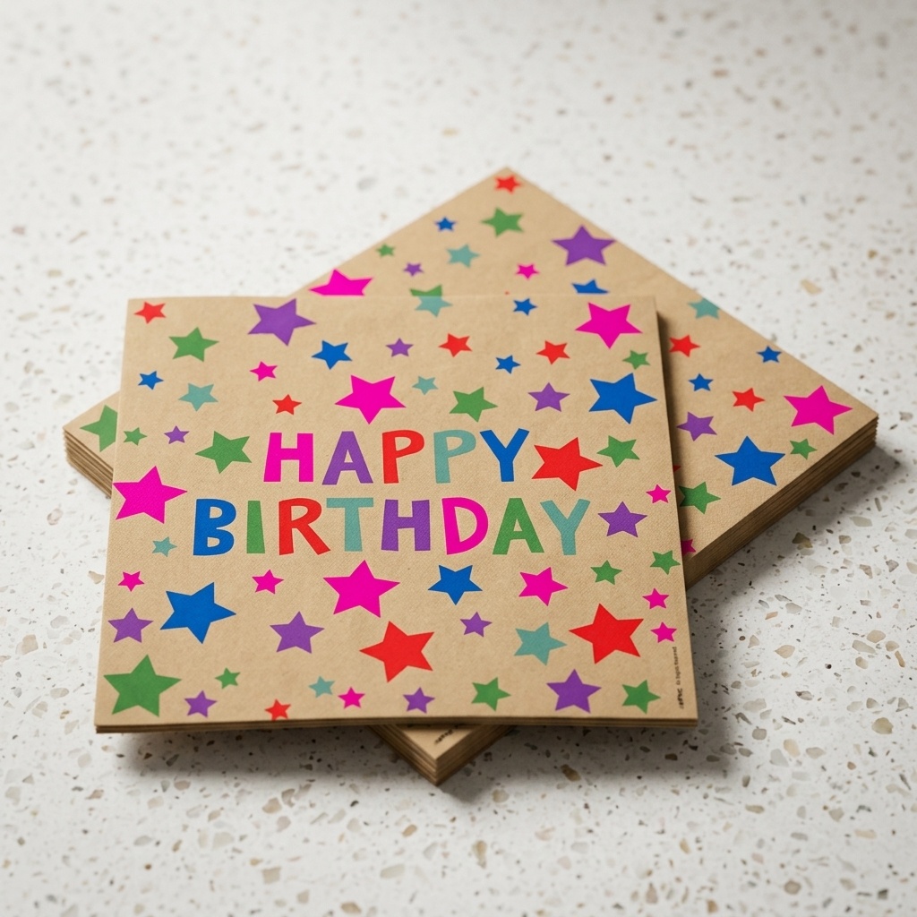 8681944320465.jpg Happy Birthday Baskılı Renkli Yıldız Desenli Kraft Kağıt Peçete 33x33 cm 16'lı - Görsel 1