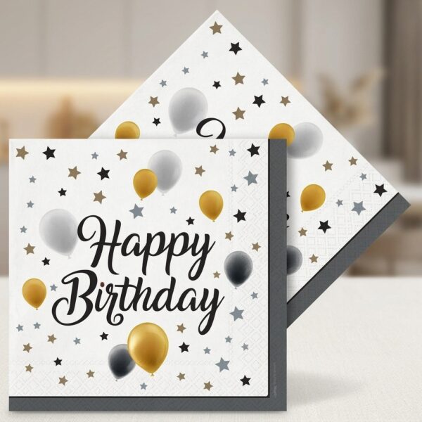 Happy Birthday Desenli Altın ve Gümüş Balon Temalı Kağıt Peçete