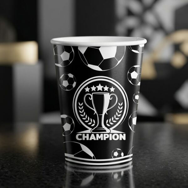 Champion Temalı Siyah Beyaz Futbol Desenli Karton Bardak 8'li