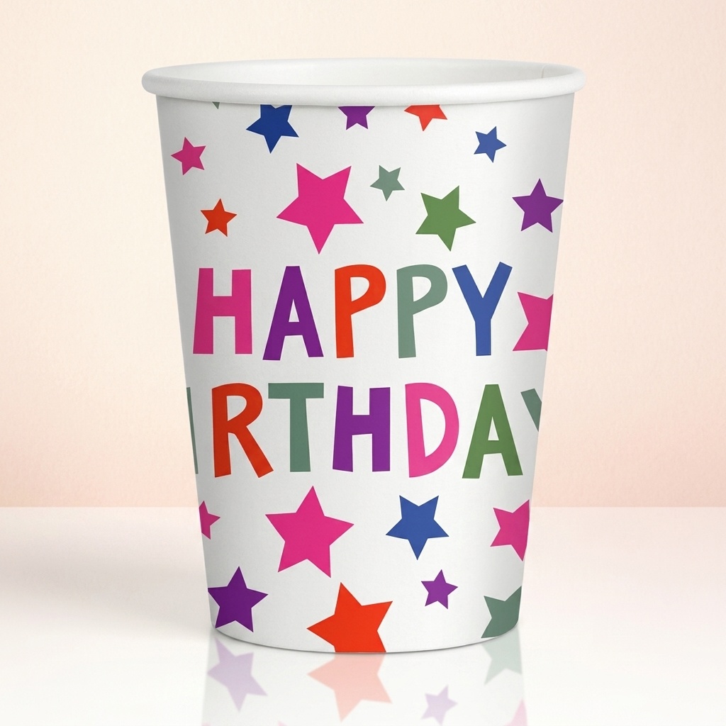 8681944321424.jpg Happy Birthday Renkli Yıldız Desenli 8'li Kağıt Parti Bardağı - Görsel 1