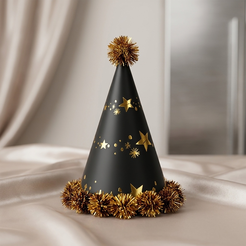 8681944330020.jpg Ponponlu Parti Şapkası Siyah Gold Yıldız Varaklı 24 cm - Görsel 1