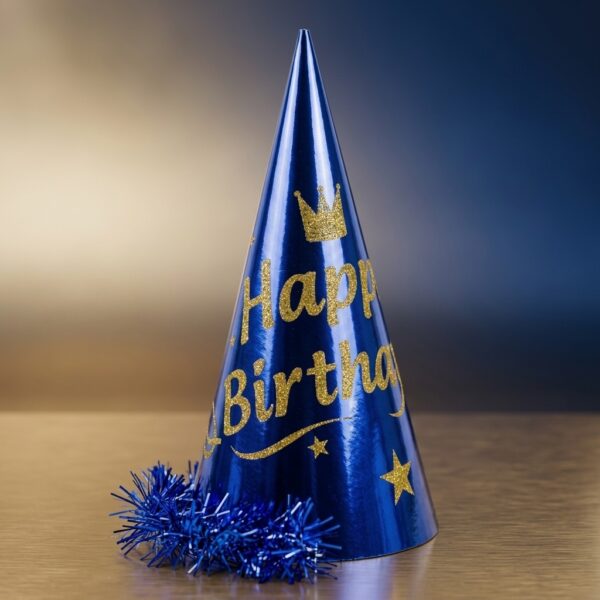 Koyu Mavi Happy Birthday Yazılı Püsküllü Karton Doğum Günü Şapkası