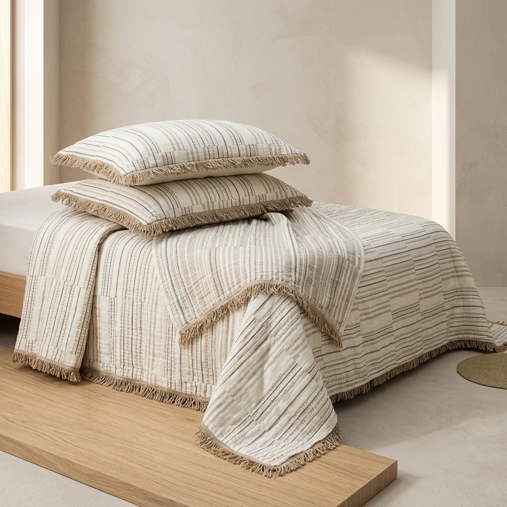 8683659808894.jpg Şaheser Home Collection Lia Jakarlı Müslin Yatak Örtüsü Seti Bej 240x260 cm - Görsel 1