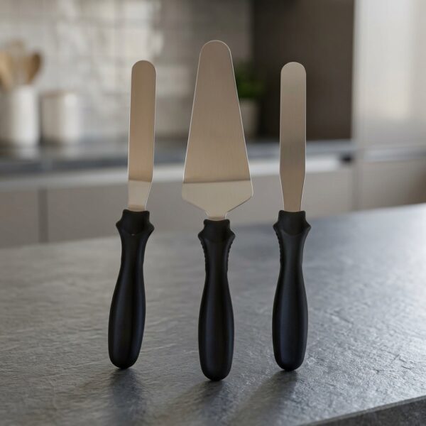 BYCOMO 3'lü Paslanmaz Çelik Pasta Spatulası ve Servis Seti, Siyah Saplı