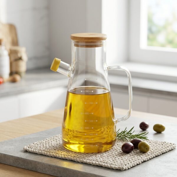 Cebe Home 900 ml Bambu Kapaklı Cam Yağlık Sirkelik | Zeytinyağı Şişesi