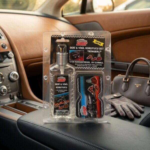 Autokit Deri ve Vinil Koruyucu Bakım Seti 200 ml + Torpido Parlatıcı Sünger