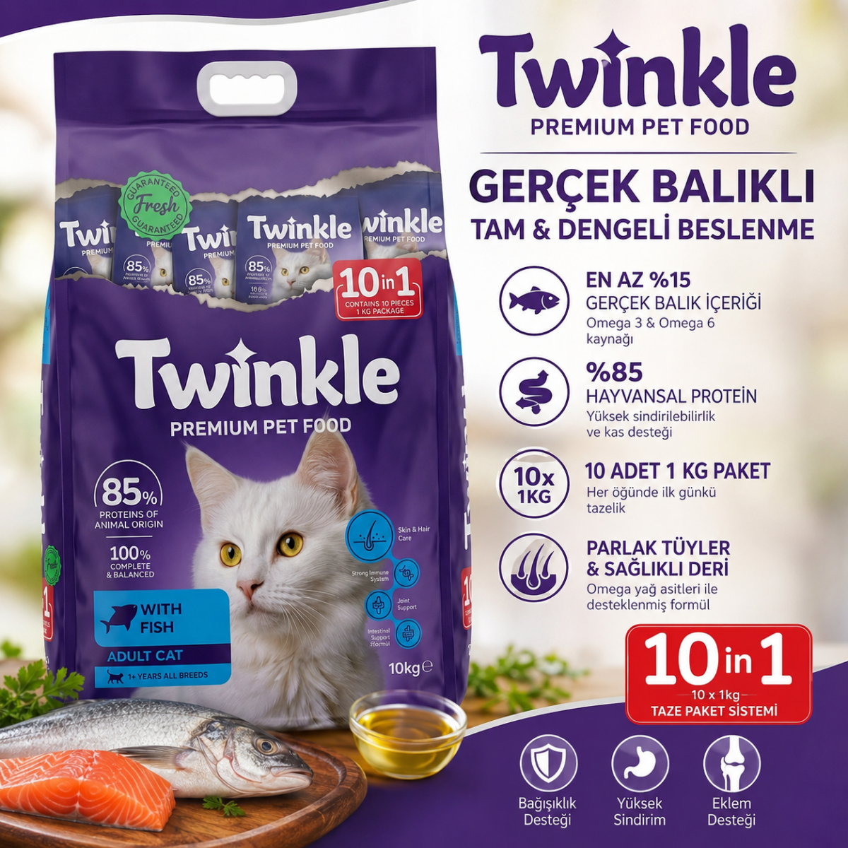 ChatGPT Image 18 Haz 2026 15_40_38 Bioes Twinkle Balıklı Yetişkin Kedi Maması 10 kg (10x1 kg) – Omega 3 Zengini Tam Beslenme - Görsel 1