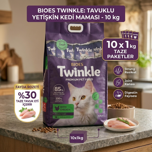Bioes Twinkle Tavuklu Yetişkin Kedi Maması 10 kg (10x1 kg) – Ekonomik Tam Beslenme
