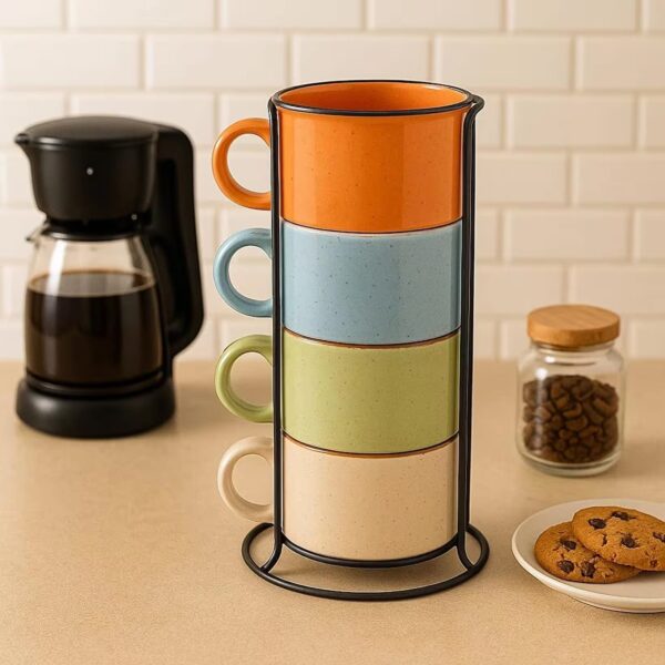 PASHA Home Metal Standlı Porselen Renkli Kupa Seti 4 Kişilik - 180ml