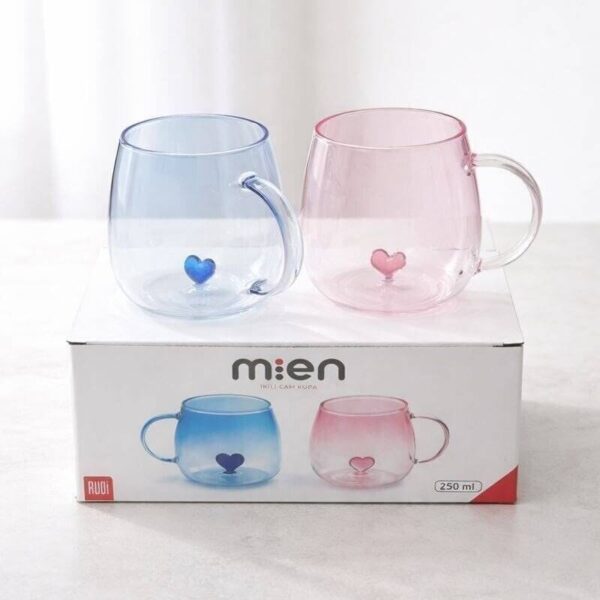 Mien İkili Cam Kupa Seti 250 ml – Kalpli Tasarım Mavi & Pembe Şık Kupa Takımı