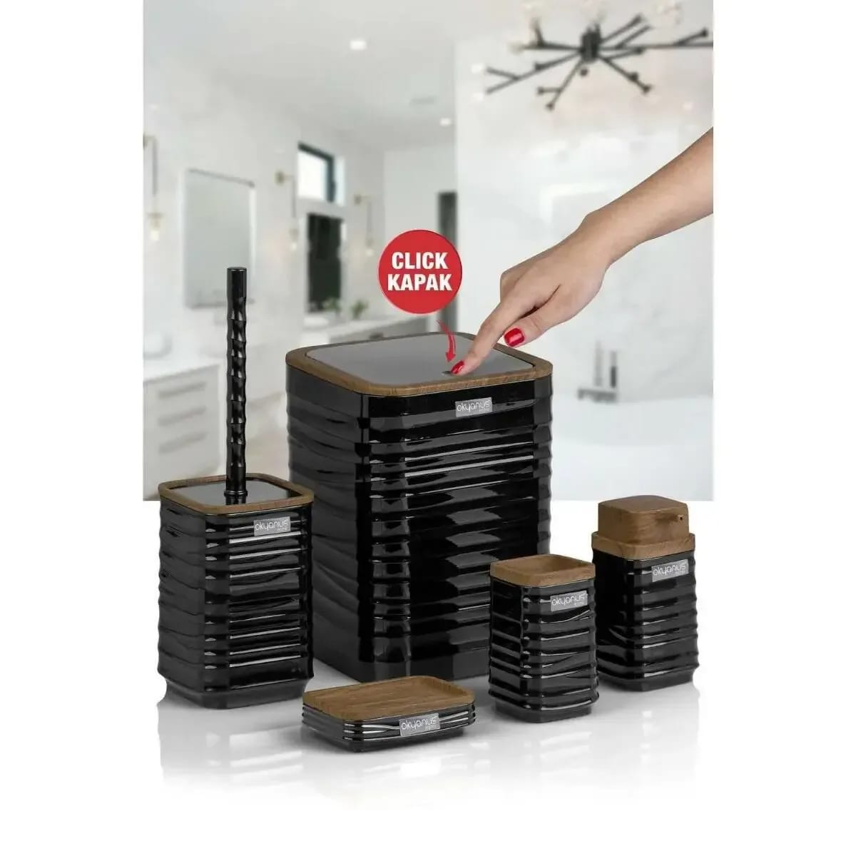 image1-1299 Okyanus Home Luna Siyah Ahşap Desenli Kare 5'li Banyo Seti - Görsel 1