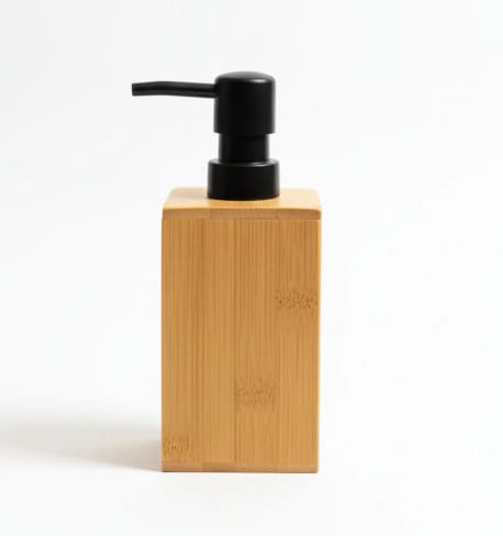 MİLAYHOME Bambu Dörtgen Sıvı Sabunluk – Siyah Kapaklı Doğal Ahşap Dispenser (17x7x7cm 530ml)
