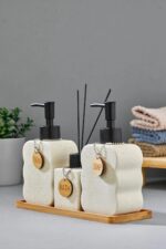 Cooker 3'lü 300 ml Seramik Bambu Standlı Banyo Seti CKR3883