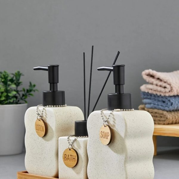 Cooker 3'lü 300 ml Seramik Bambu Standlı Banyo Seti CKR3883