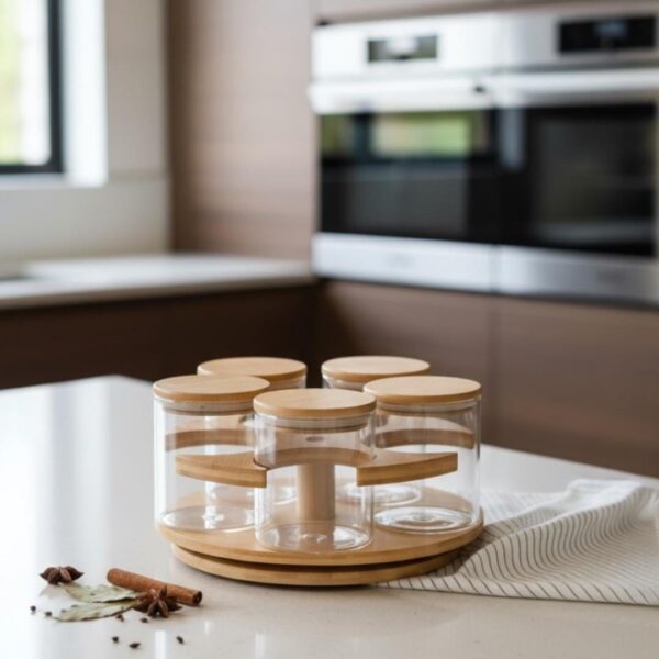 PAÇİ-YUVARLAK 5'Lİ BAMBU STANDLI DÖNER BAHARATLIK SETİ (P/CAM-401295)