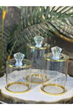 CHANAK Gold Detaylı Kristal Kapaklı Cam Kavanoz Seti – 3’lü Lüks Çok Amaçlı