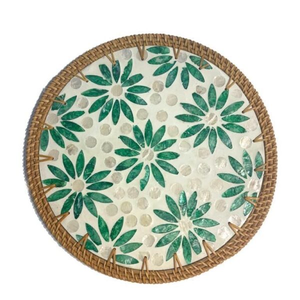 MIEN Rattan Kenarlı Sedef Çiçek Desenli Yuvarlak Servis Tepsisi 30 cm