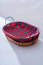 ACAR Rustika Nomia Hasır Oval Ekmek Sepeti Kırmızı Ekose 32 cm