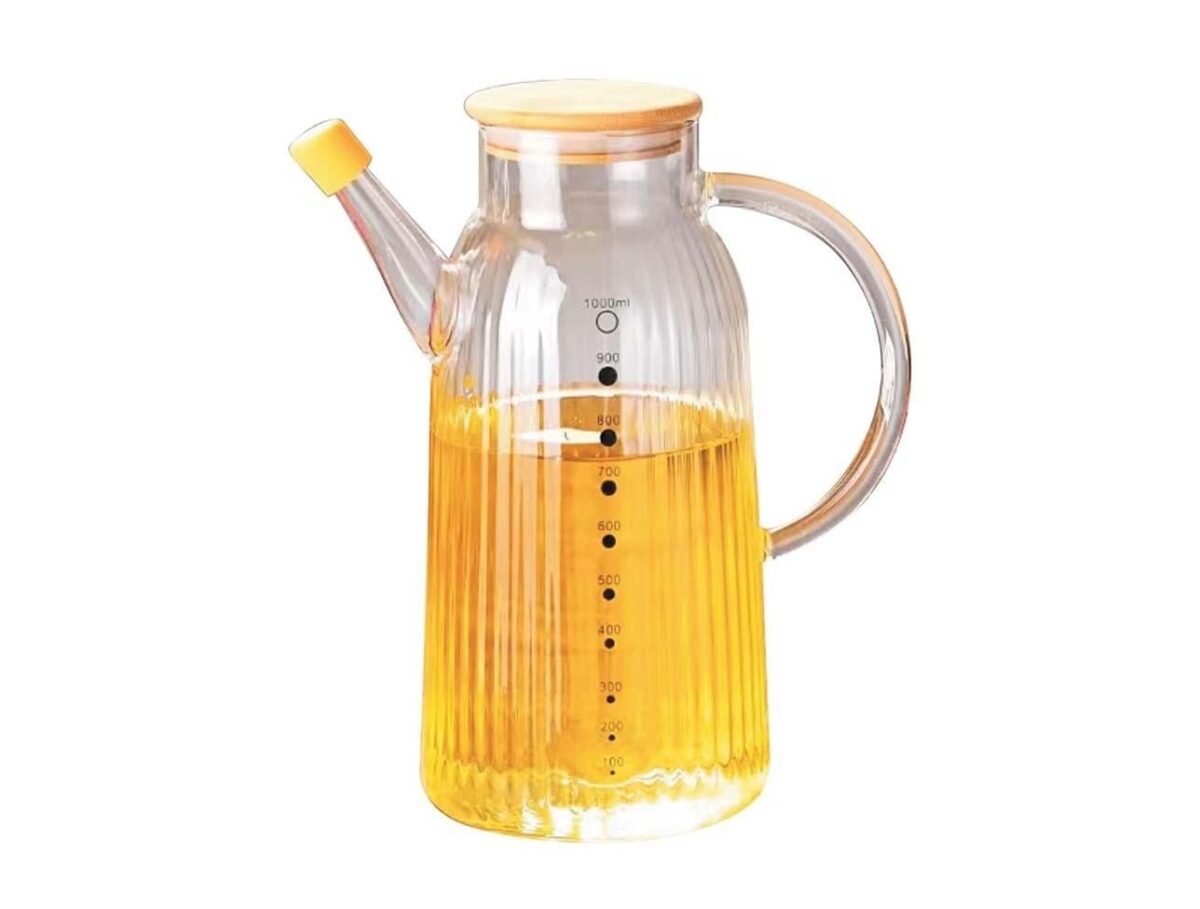 image1-2019 Mien Bambu Kapaklı Çizgili Cam Yağdanlık 1000 ml Şeffaf - Görsel 1