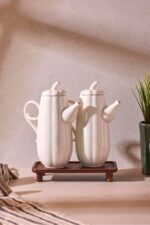 Perotti Pumpkin 2'li 600 ml Porselen Ahşap Standlı Balkabağı Yağdanlık Seti Beyaz
