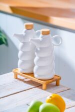 ACAR Pamira Beyaz Seramik Bambu Standlı Yağlık ve Sirkelik Seti 600 ml