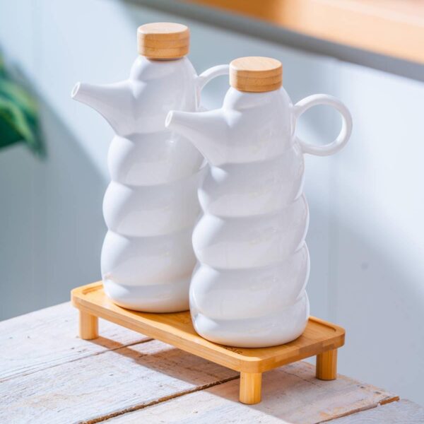 ACAR Pamira Beyaz Seramik Bambu Standlı Yağlık ve Sirkelik Seti 600 ml