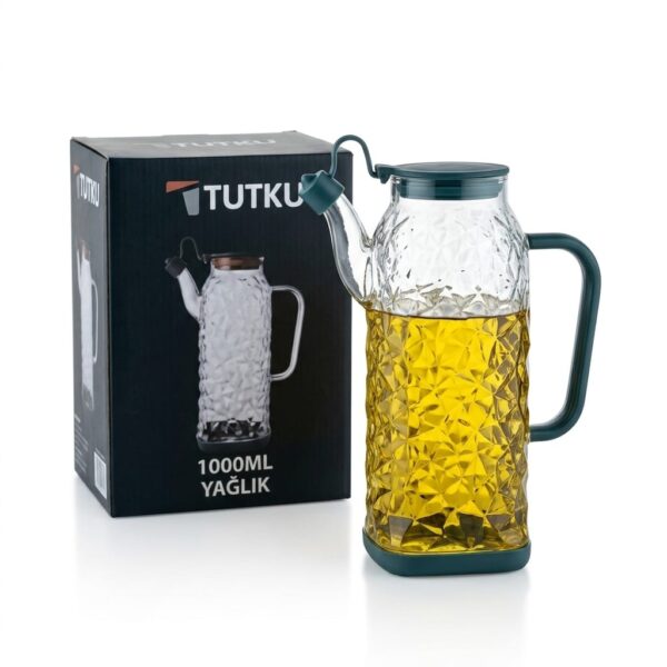 Tutku KT.078 Plastik Kapaklı Desenli Cam Yağlık 1000 ml Yeşil