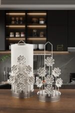 Leila Papatya Desenli Gümüş Metal Kağıt Havluluk ve Peçetelik Seti 29x13x12 cm
