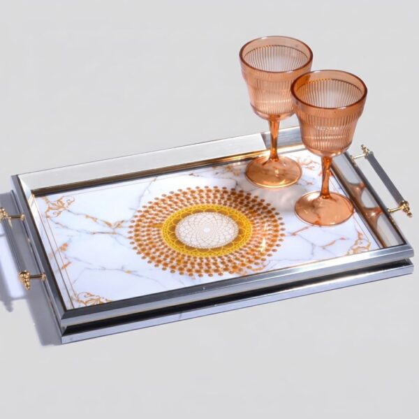 GA-260 Kulplu Lüks Mermer Desenli Dikdörtgen Sunum Tepsisi (Gümüş/Altın) 50x31 cm