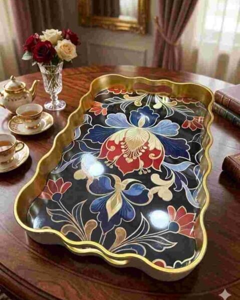 Leila Luna Lalezar Desenli Altın Sunum Tepsisi 40x28 cm