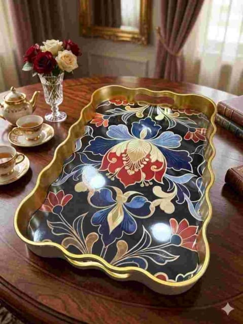 image1-2103 Leila Luna Lalezar Desenli Altın Sunum Tepsisi 40x28 cm - Görsel 1