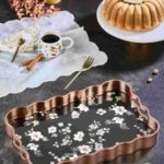 Leila Luna Çiçekli Siyah Rose Gold Sunum Tepsisi 40x28 cm