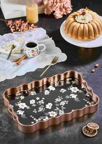 Leila Luna Çiçekli Siyah Rose Gold Sunum Tepsisi 40x28 cm