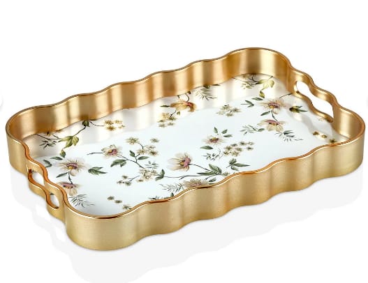 Leila Luna 40x28 cm Çiçek Desenli Gold Detaylı Servis Tepsisi (BKZ-PLS6002)