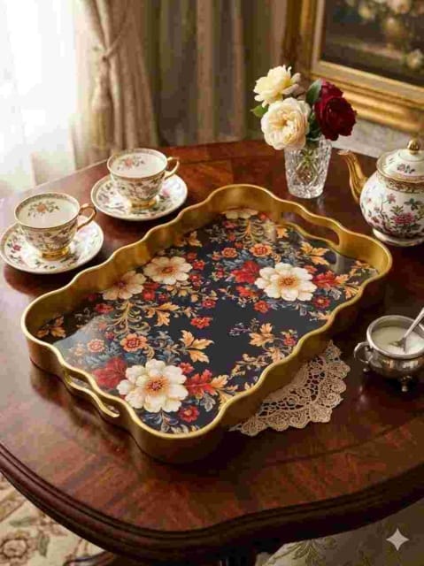 image1-2108 Leila Luna Hünkar Desenli Gold Dekoratif Sunum Tepsisi 40x28 cm - Görsel 1
