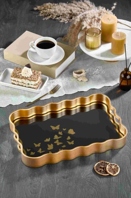 image1-2110 Leila Luna Yaldızlı Kelebek Desenli Altın Sunum Tepsisi 40x28 cm - Görsel 1