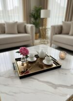 Leila Elmas 46x28 cm Siyah Çerçeve Altın Detaylı Aynalı Sunum Tepsisi